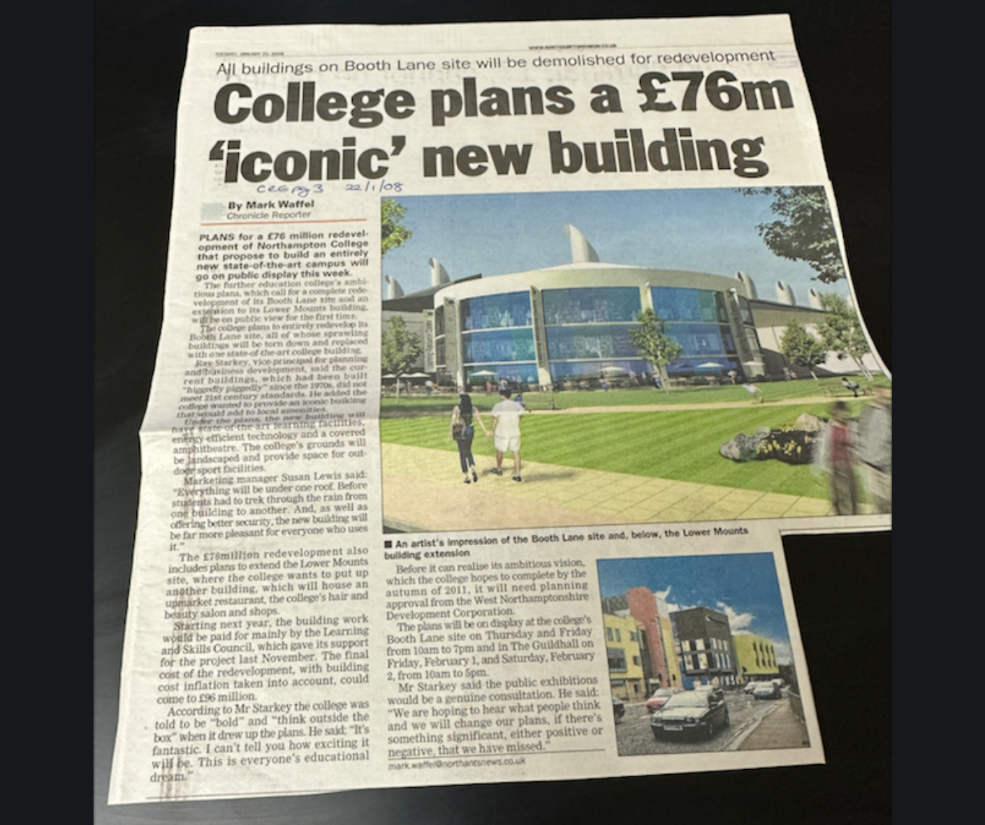 Coverage of our Booth Lane campus redevelopment in 2008, from the Chronicle and Echo.