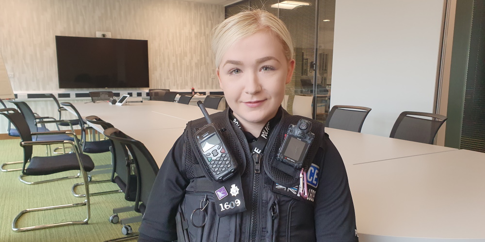 Hannah in her Police uniform at Northamptonshire Police Headquarters.