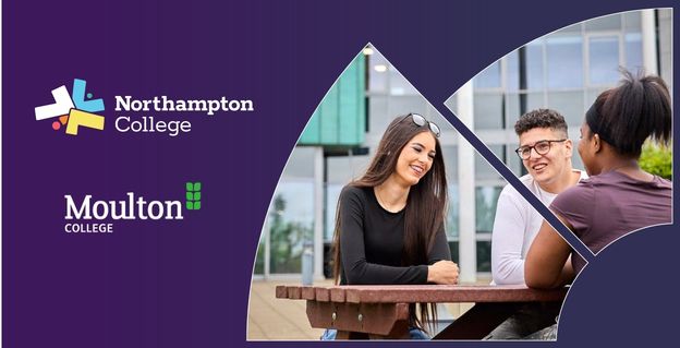 Northampton College students sit at a bench. There is the Northampton College logo and the Moulton College logo.