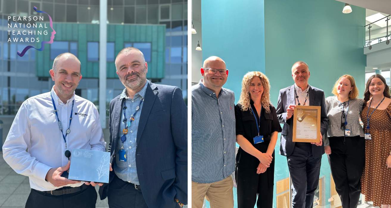 Left: Mark Bradshaw poses with Principal Jason Lancaster. Right: the College marketing team poses with Principal Jason Lancaster.