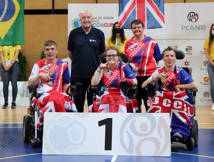 Sarah Nolan poses with the World Open gold medal winning Boccia Team in Rio