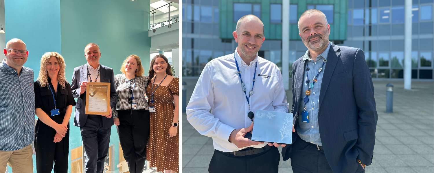 Left: Mark Bradshaw poses with Principal Jason Lancaster. Right: the College marketing team poses with Principal Jason Lancaster.